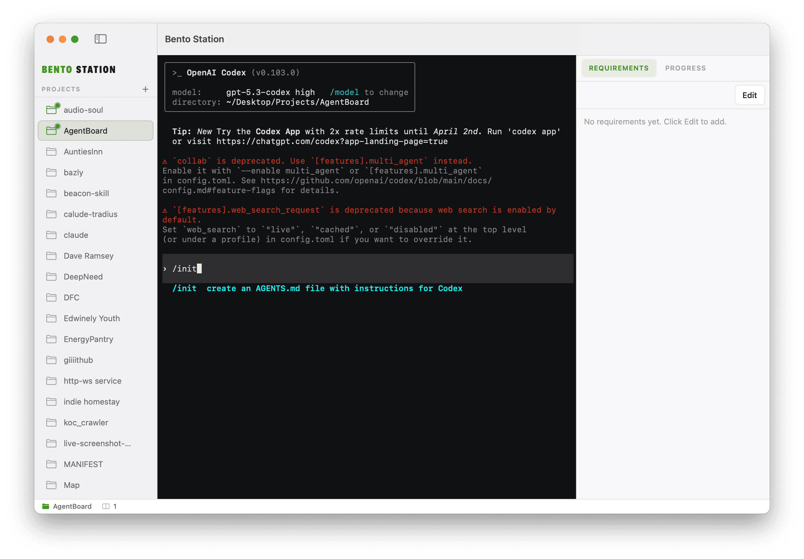 OpenAI Codex agent running inside Bento Station